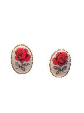 Vintage Rose Oval Clip-On Earrings Gold-Tone Frame Red & White Floral Design
